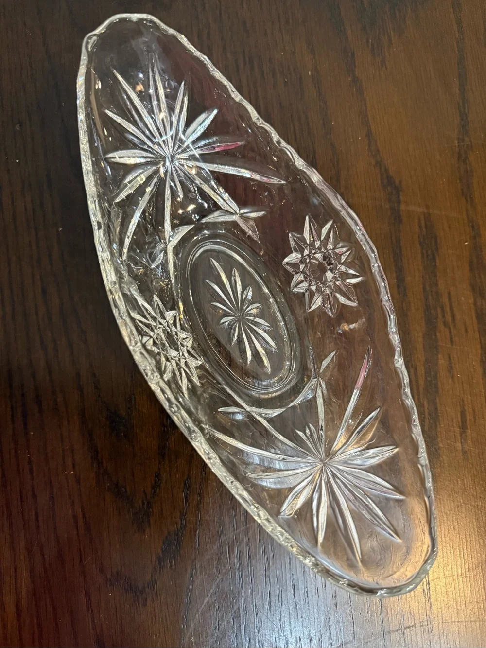 Share Vintage Star of David Anchor Hocking Cut Crystal Oblong Serving Dish 9 3/8